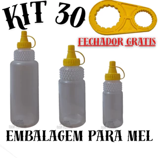 Embalagem de mel kit 30 bisnagas e fechador da tampa 10 de 1kg, 10 de 500g, 10 de 280g bisnaga para mel de abelha pote para colocar mel