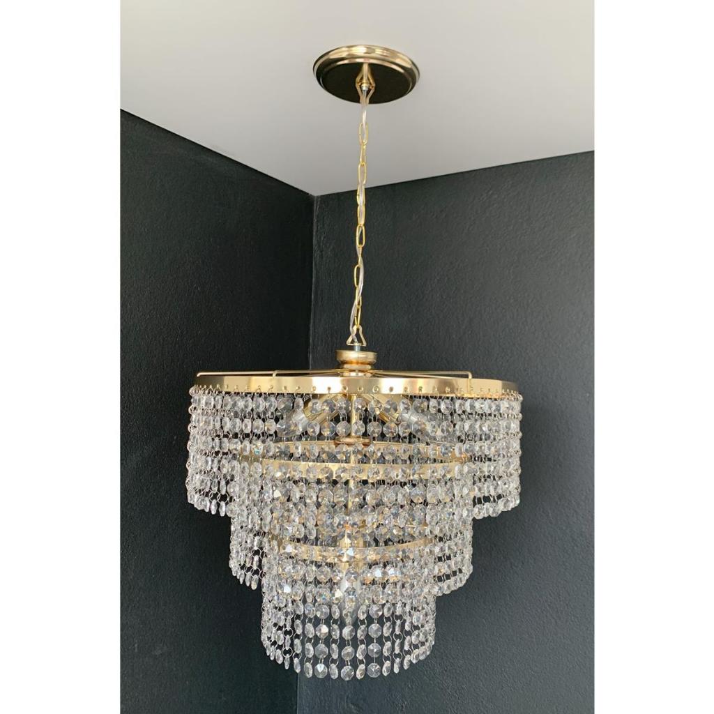 Lustre Pendente em cristal legítimo K9 dourado Bivolt Redondo 40x70cm ...