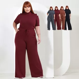 Conjunto Plus Size Calça Pantalona Wide Leg e Blusa Casual