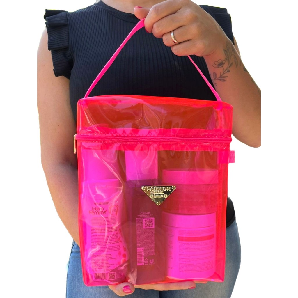Necessaire Organizador Frasqueira Transparante Impermeável Neon produtos de higiene maquiagem viagem