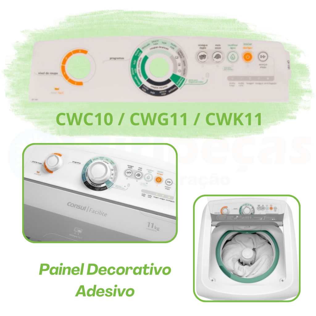 Painel decorativo adesivo compatível lavadora Consul CWC10 CWG11 CWK11 ...