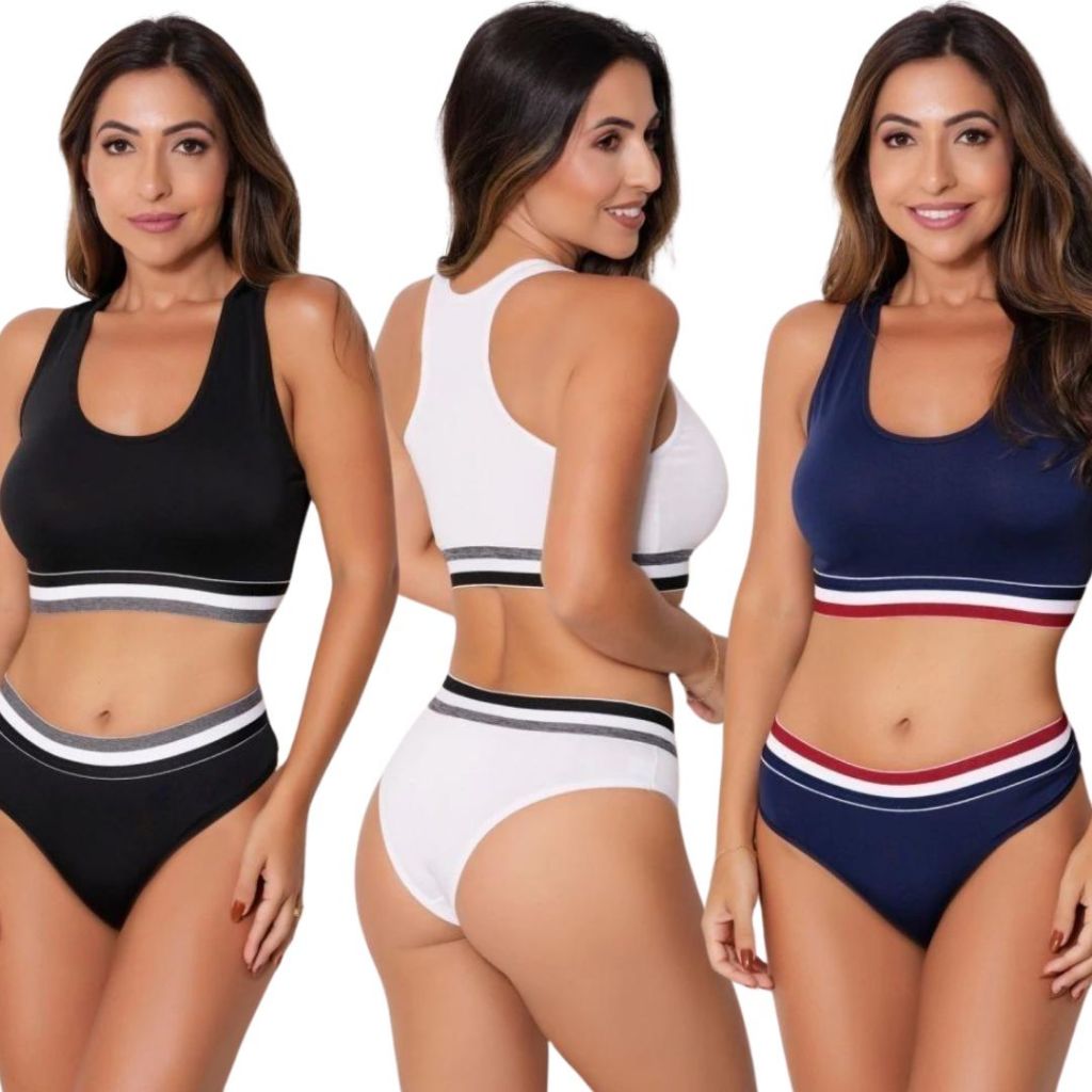 KIT 3 Conjunto Top Nadador Cores Sem Bojo Soutien Lingerie