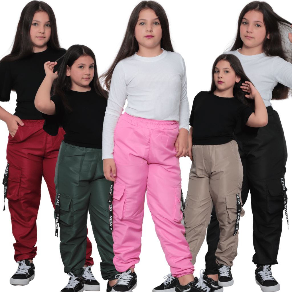 Calça Feminina Infantil Tactel Jogger Cargo Juvenil Menina Roupa Moda ...