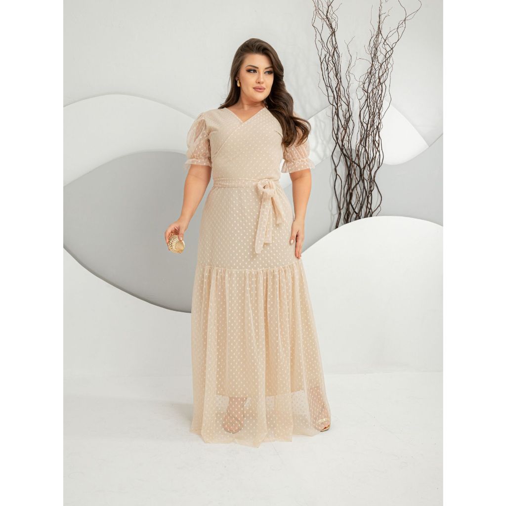 Vestido longo em tule manga princesa