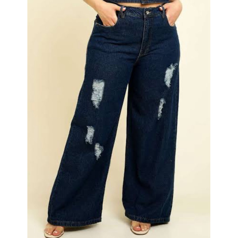 Calça jeans wide leg feminina/pantalona boca larga/destroid/cintura ...