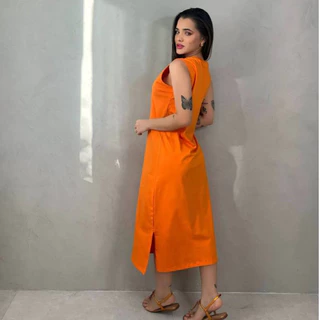 Vestido Midi Cavado Fendas Laterais Algodão Fresco Liso Soltinho Dia a Dia Senhora