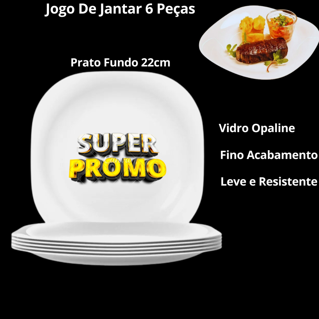 Prato Fundo Quadrado 6 Unidades Branco Opaline 22cm Para Mesa de Jantar Almoço Restaurante