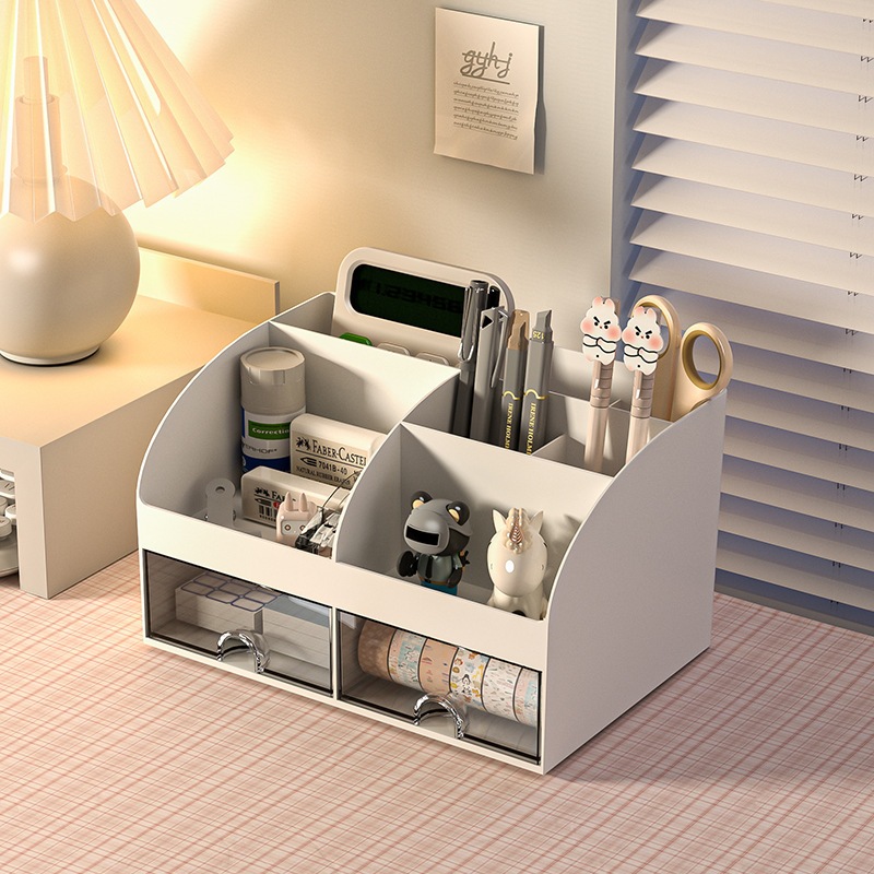 Organizador de Mesa Multiuso com Gavetas Escritório Maquiagem Branco Rosa Azul 6 Divisores
