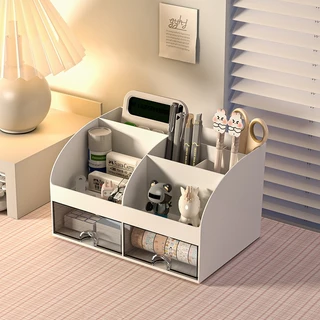 Organizador de Mesa Multiuso com Gavetas Escritório Maquiagem Branco Rosa Azul 6 Divisores