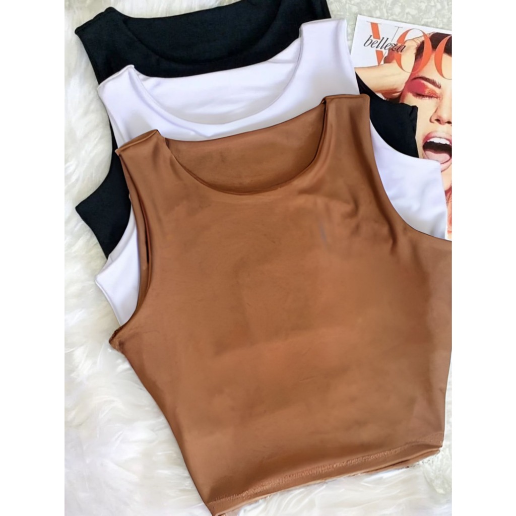 Kit 3 Cropped Feminino Regata Nadador Liso Básico Suplex