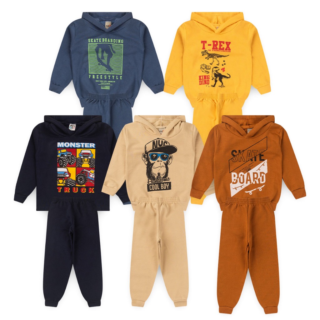 Kit 6 Peças de Roupas Conjunto Moletom Capuz Masculino Infantil Menino roupa inverno frio com touca são 3 calças e 3 casaco tamanho 1 2 3 4 6 8