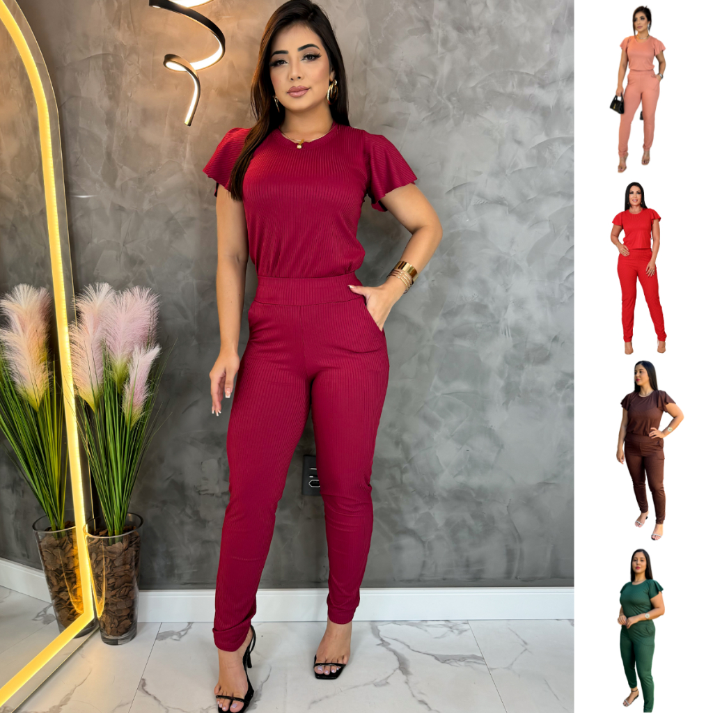 Conjunto Feminino Canelado Blusa Manga Babado + Calça Confortável ...