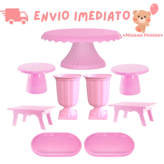 Kit New Sofisticado Boleira Cake Renda 19cm + 2 Mesinhas + 2 Vasos Grego + 2 Bandejas Oval + 2 Mini Slim - Variedade de Cores (9 Peças)(+8 Cores)