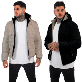 Jaqueta Puffer Masculina Dupla Face Casaco Masculino Com Moletom Com Touca Removível Bobojaco Frio Cores Tamanho Plus Size e Regular Do M ao G3