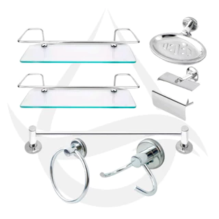 Kit Acessórios Banheiro Inox 5 peças + 2 Porta Shampoo Reto