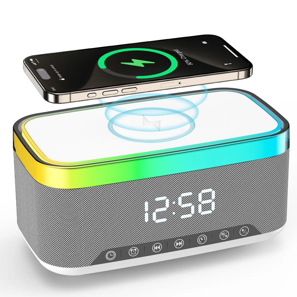 Caixinha De Som Rgb Bluetooth com Relogio Carregamento por Indução Radio Fm Despetador