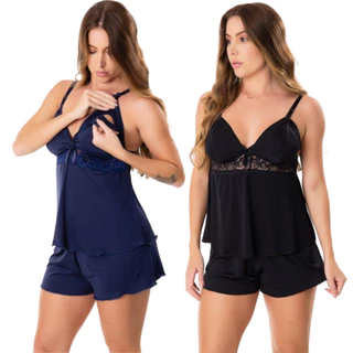 Kit 2 Baby Doll Amamentação Abre Fácil Gestante Pós Parto Pijama Para Amamentar Com Renda Maternidade