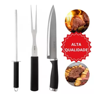 Kit Churrasco Inox 3 Peças Premium Alta Qualidade Faca/Garfo/Chaira