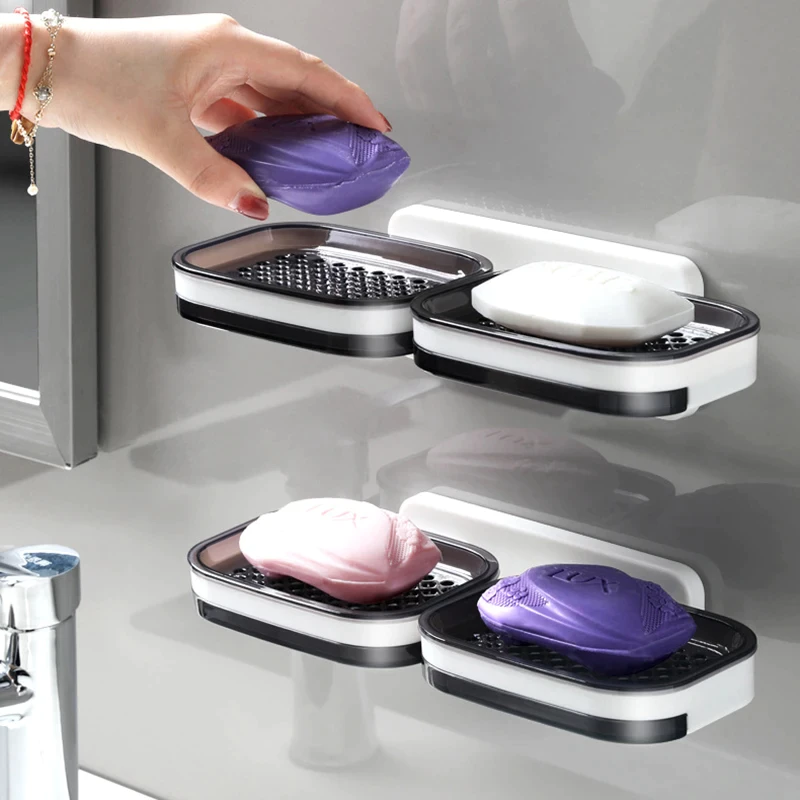 Saboneteira Dupla Caixa de Sabonete Para Parede de Banheiro Com Bandeja e Suporte Adesivo Firme