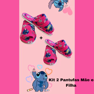 Kit Pantufa Mãe e Filha STITCH Chinelinho de Dormir Estampas Fofas Desenho Pantufa Rosa de Quarto Fofa
