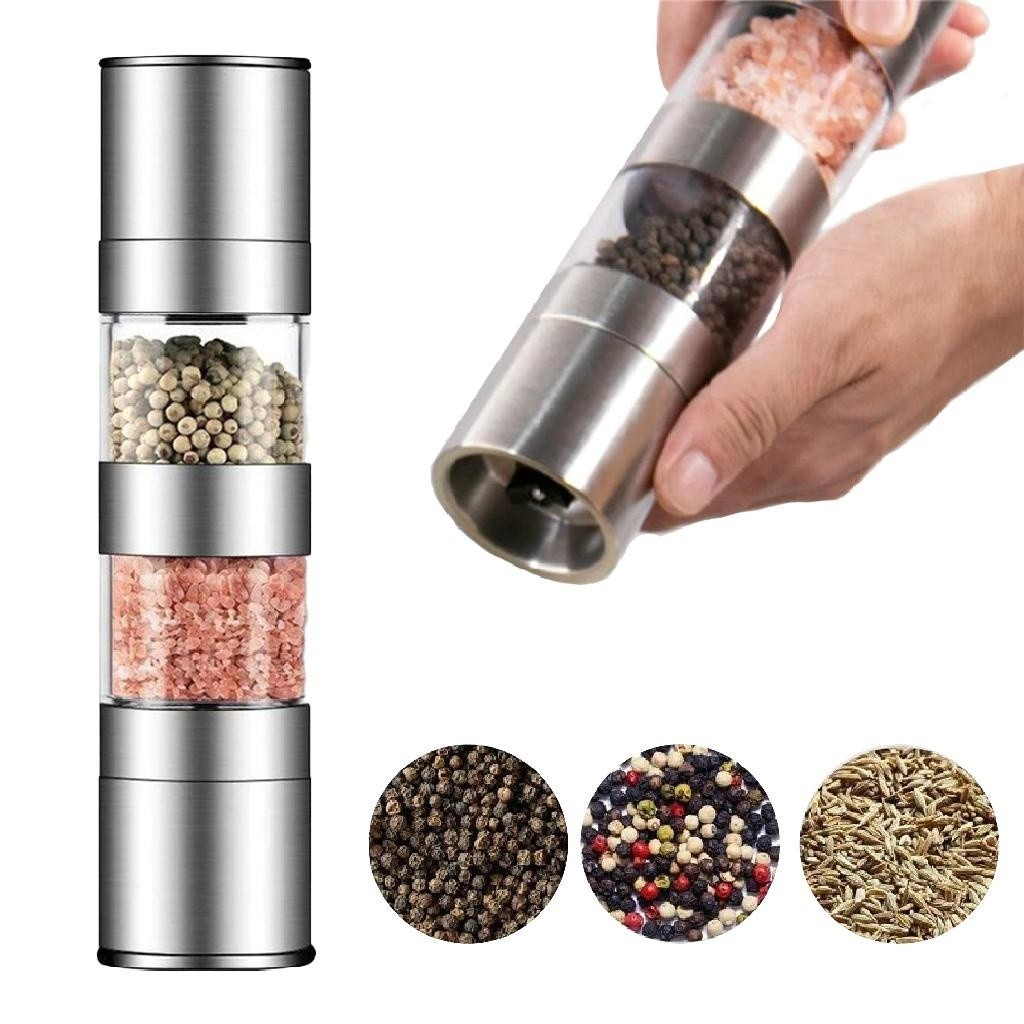Novo - Moedor Manual Inox Acrílico 21,5x5,5cm Temperos Sal Grosso Pimenta 2 em 1 DS13078