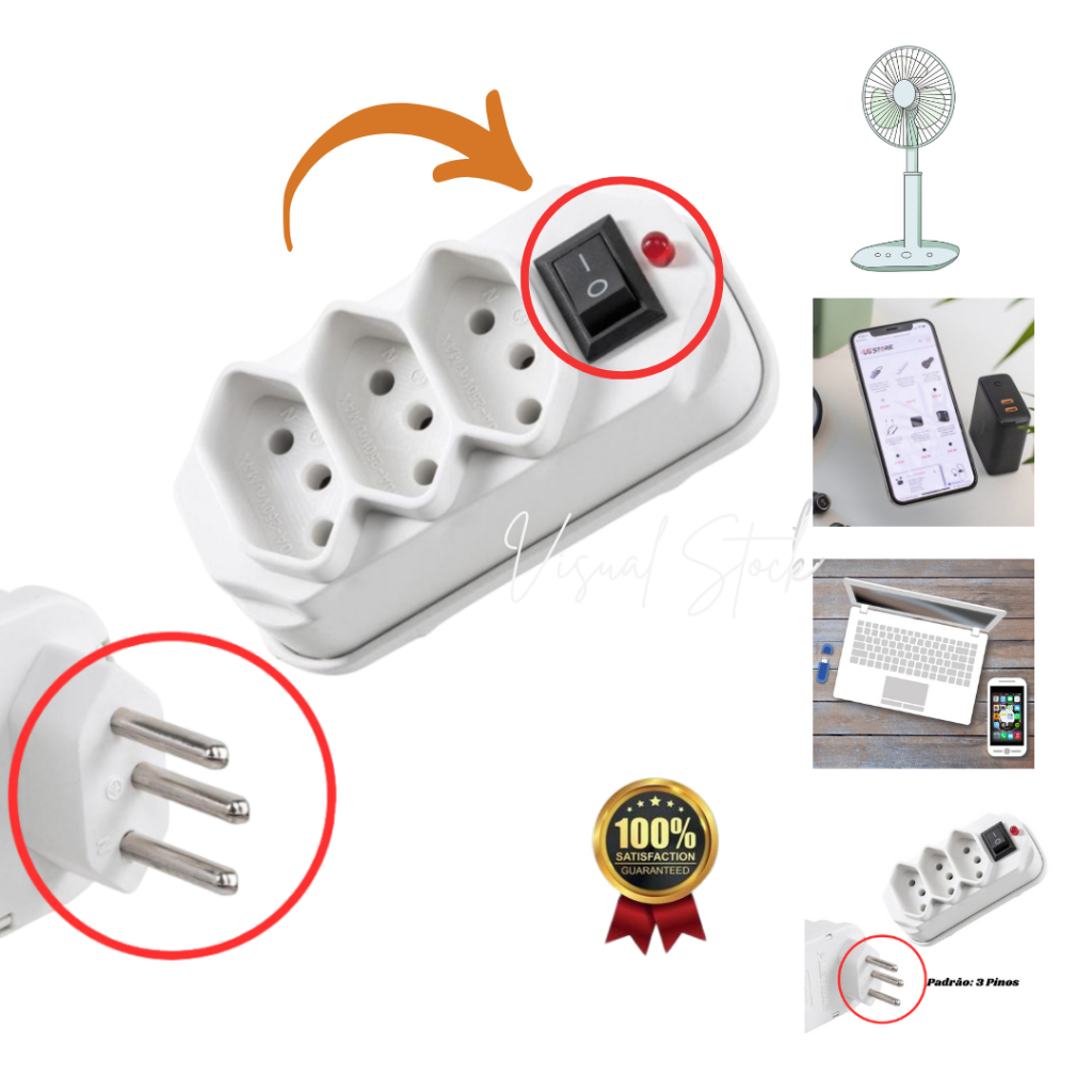 Adaptador tomada benjamin 3 saídas com interruptor