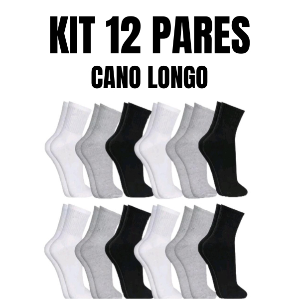 Kit 12 Pares de Meias Cano Alto LISAS masculina e Feminina