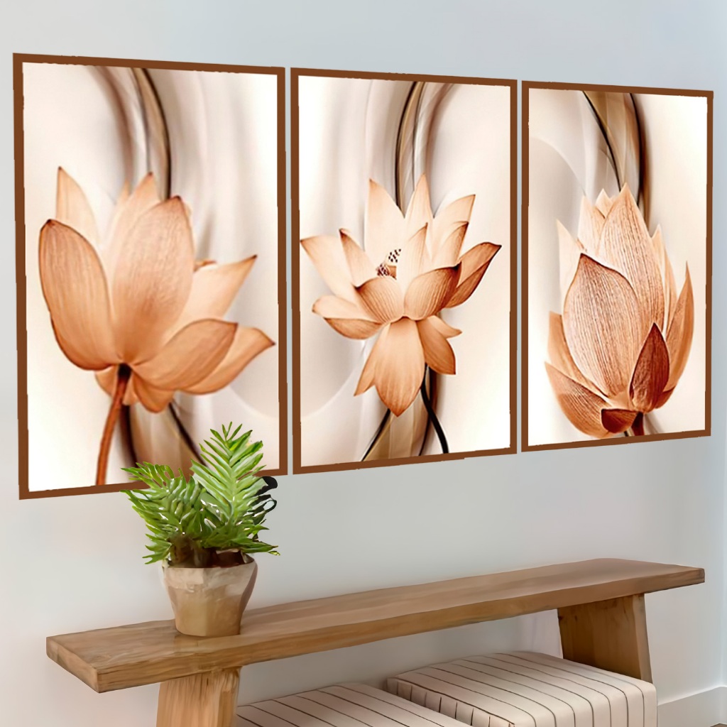 Quadro Decorativo 3 Peças Flores Ton Cobre Gold Flor Mármore Moldura Sala Quarto