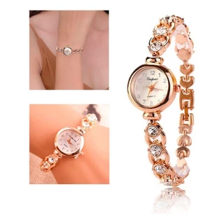 Relógio Feminino de Quartzo Dourado Rosé Pequeno Pulseira com Pedras Delicado Luxo Analógico