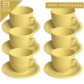 Jogo 6 Xicara com Pires Café Chá Porcelana Amarela 170ml Lar e Decoração