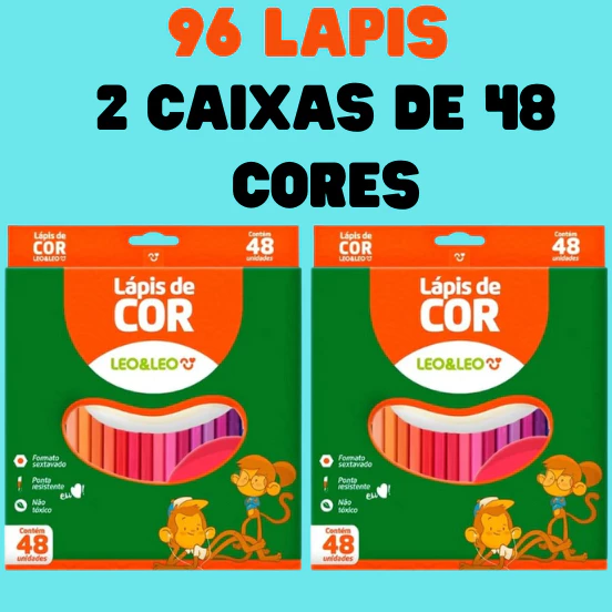 96 Lápis de Cor 2 Caixa com 48 Cores Escolar Sextavado 48 Lápis Leo&Leo