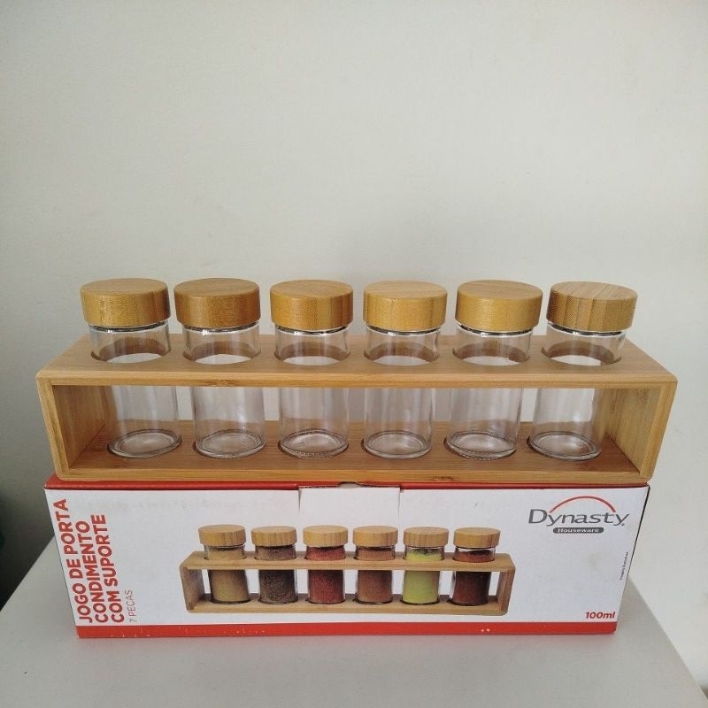 kit 6 peças + suporte bambu porta temperos vidro e bambu dynasty o maior da categoria