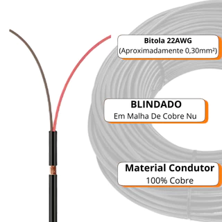 10 Metros Cabo Manga 2x22awg Blindado Em Malha De Cobre - 2 Vias Preto