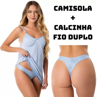 PROMOBLACK Kit 5 Camisola com Calcinha Fio Dental Duplo Sensual Linha Noite Raquel