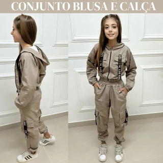 Conjunto Menina Blusinha Bomber e Calça Tactel Jogger Cargo Infantil Juvenil Jaqueta Blusa Calca Top