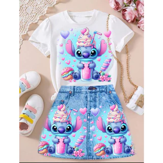 conjunto infantil menina saia de malha que imita jeans camiseta blusinha estampas stitch persongens tamanhos 2 ao 14