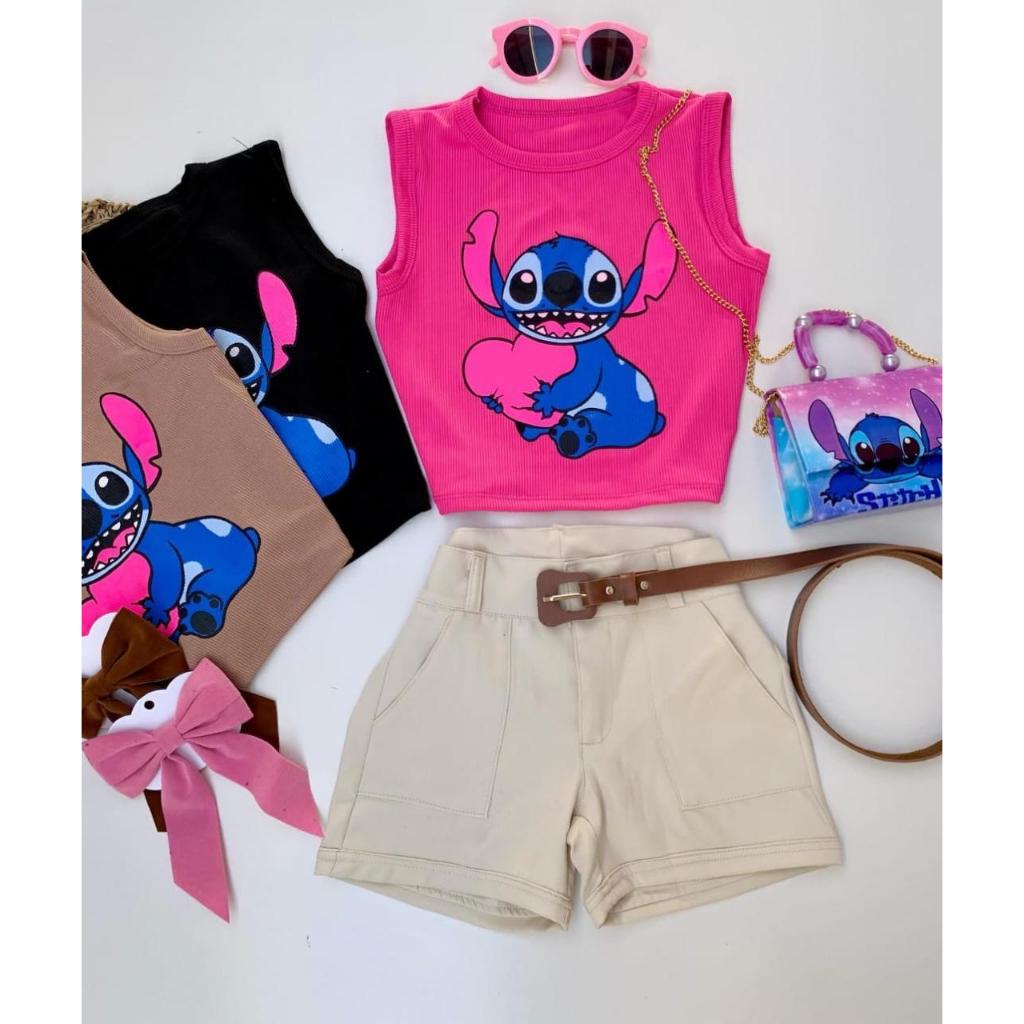 Conjunto infantil Stitch shorts e croped
