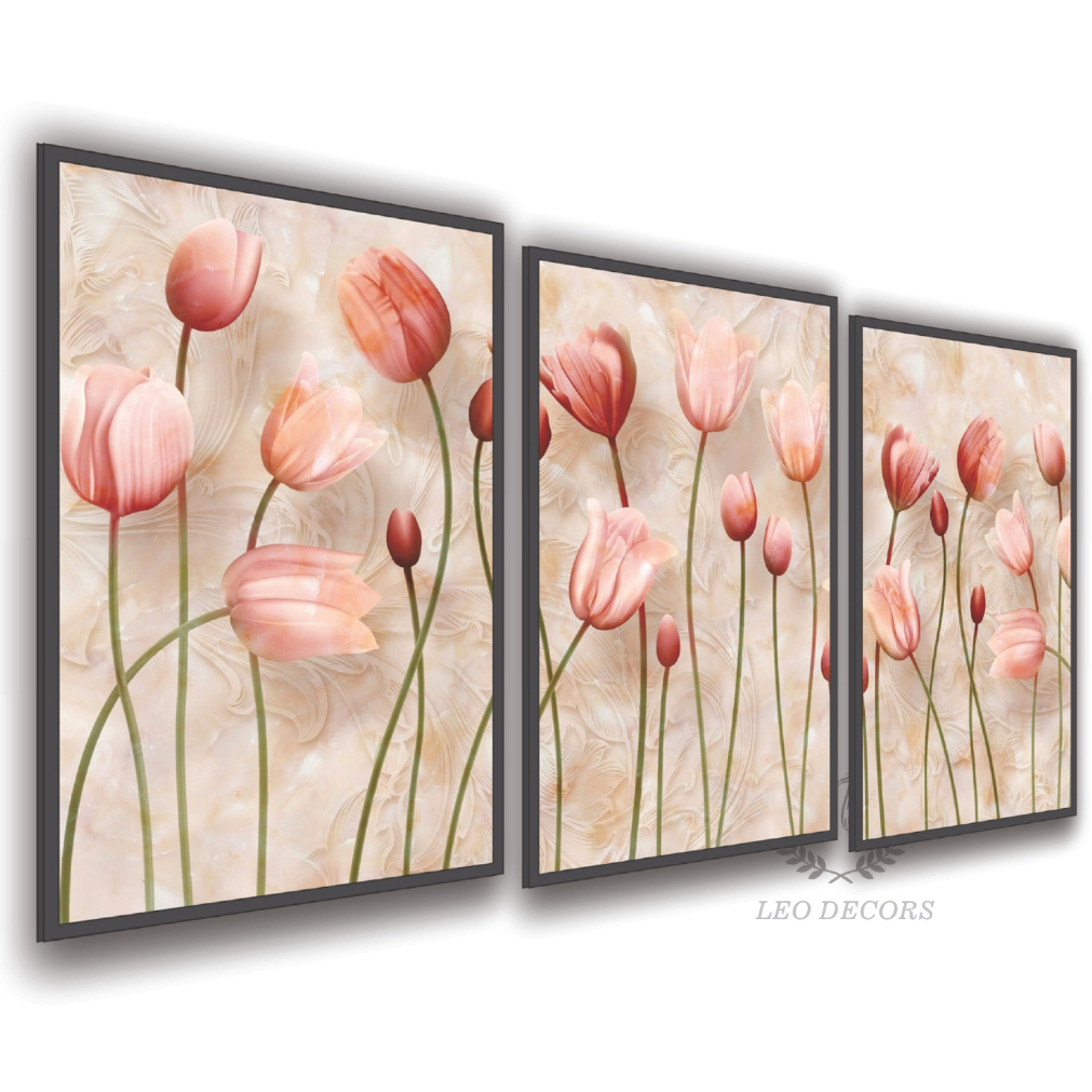 Quadros Decorativos Mosaico 3 Peças 60x40 Floral Flores Tulipas Rose Moderno Sala Quarto Escritório