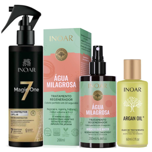 Kit Inoar Água Milagrosa200ml+Óleo Argan 60ML+ Reconstrutor Magic One ...