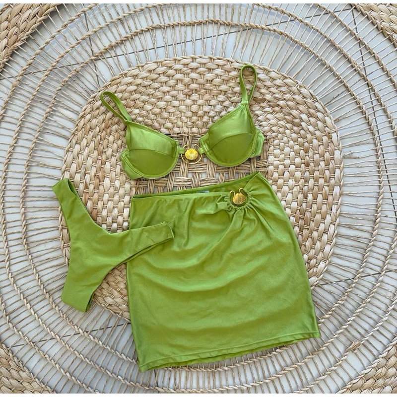 biquini bojo retro meia taça fio duplo com saia 3 peças