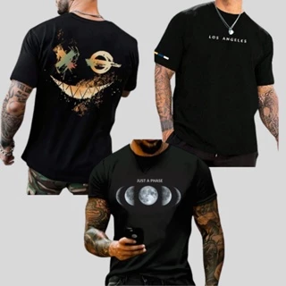 KIT 3 Camisetas pretas Confortáveis e estilosas Masculinas Estampadas Gola Redonda Camisa 100% Algodão