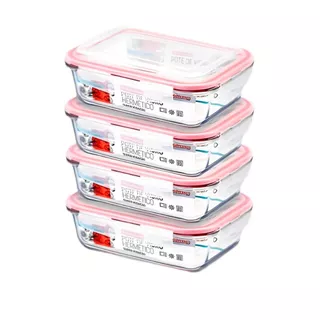 Kit 4 Potes Vidro 1040ml Hermético Grande Transparente Retangular Tampa Hermética p/ Marmita Almoço Geladeira Microondas Freezer
