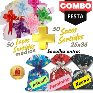 Kit 50 Sacos de Presente 25x36 cm - Sortidos + 50 Laços Médio Sortidos