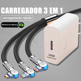 Cabo de carregamento rápido 3 em 1 tipo C V8 Micro USB iP 240W Adaptador rotação de 180° compatível com Android