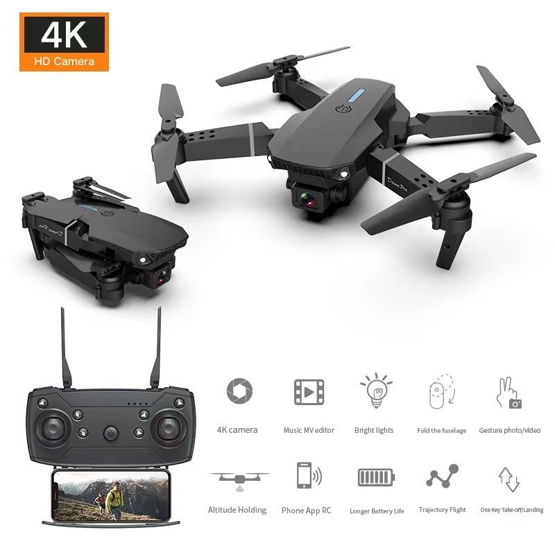 Drone E88 Dual Camera 4K, 1 bateria, preto