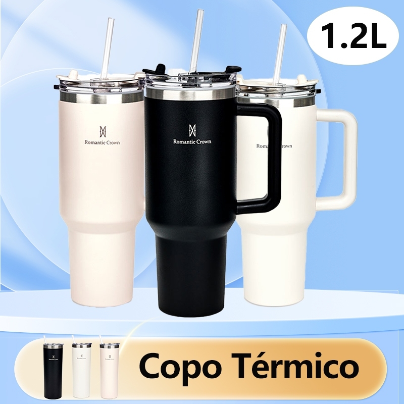 Copo Térmico Com Alça Canudo E Tampa Veda, portátil inox Garrafa de água, Caneca térmica de grande 1200ML/600ML Manter Quente/Frio