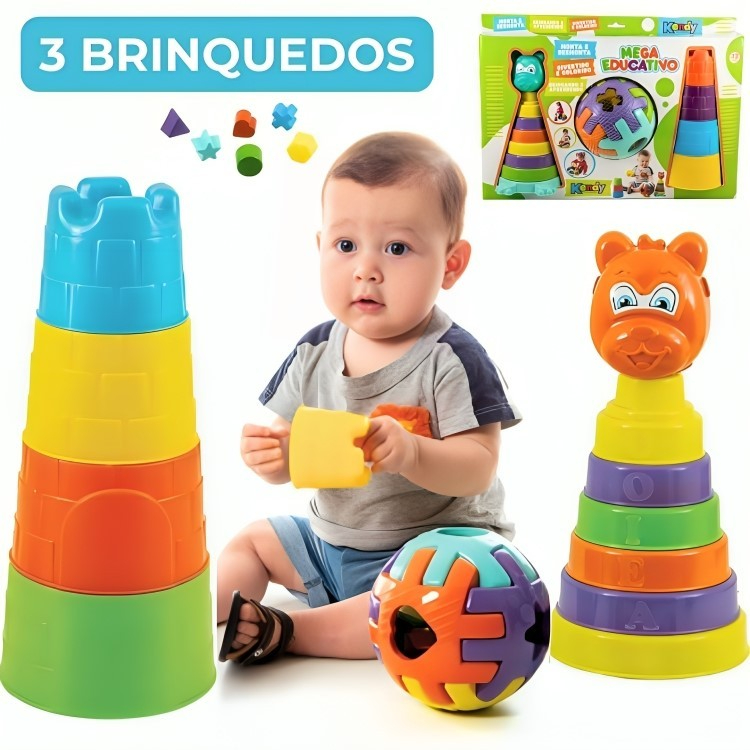 Brinquedo Infantil De Encaixe Empilhar 3 Brinquedos Bola+ Ursinho ...