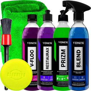 Kit Prizm Vonixx Cera Blend Revitalizador de Plásticos Restaurax Shampoo V-Floc Pincel Toalha e Aplicador