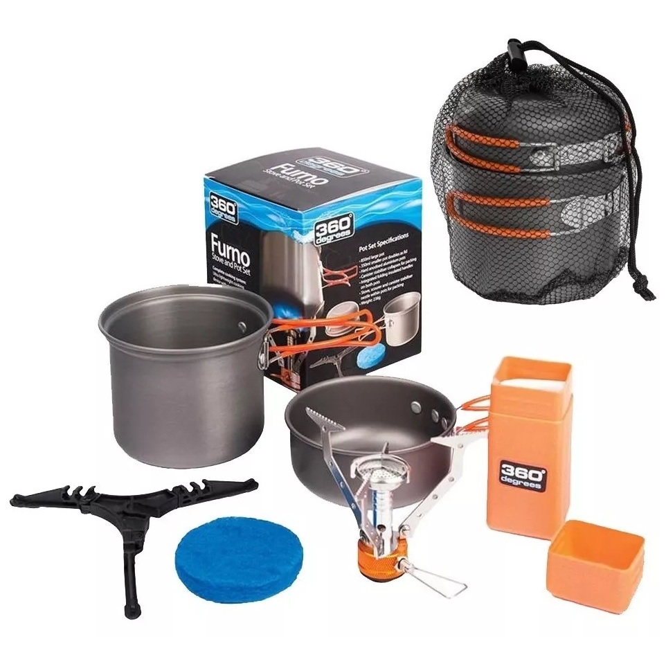 Kit Completo Cozinha Camping Panelas Com Fogareiro Portátil 360° Degrees