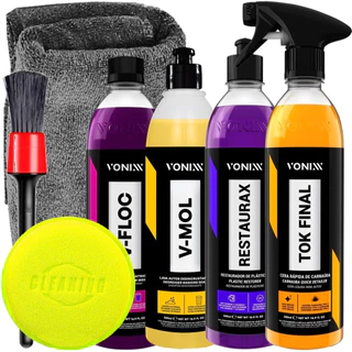 Kit Shampoo V-Floc Vonixx V-mol Cera Tok Final Revitalizador de Plásticos Restaurax Pincel Toalha e Aplicador